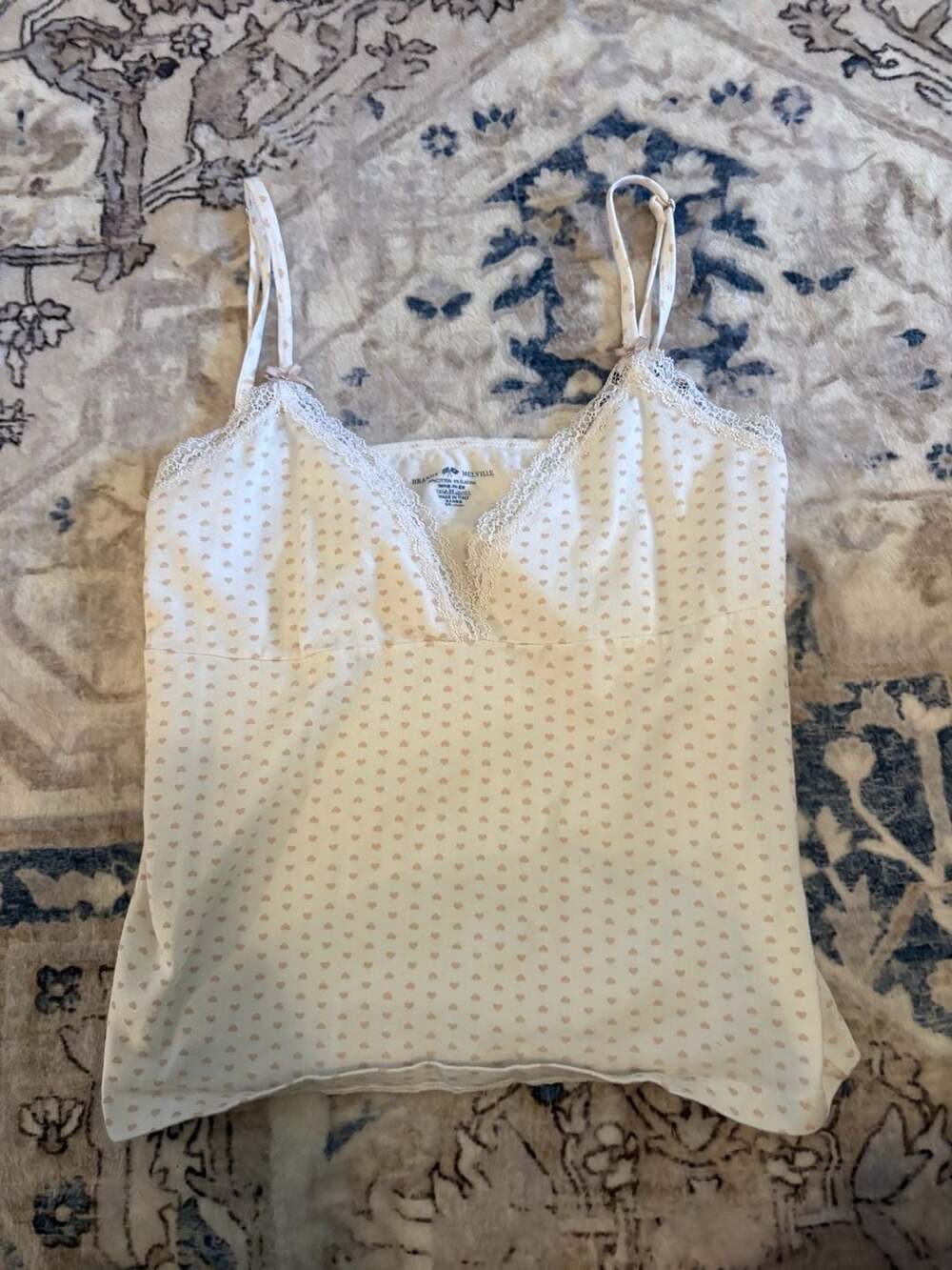 Brandy Melville White Blue Hearts Lace Trim V Neck Tank Top OS